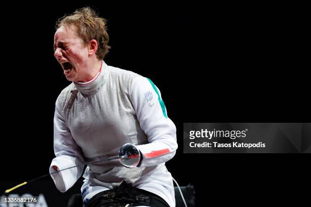 Beatrice Vio of Team Italy reacts to winning a gold medal against Zhou Jingling of Team Peoples Republic of China in the women's wheelchair fencing,...