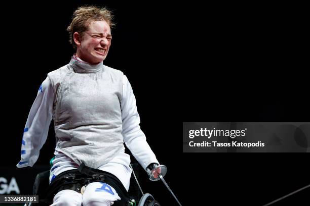 Beatrice Vio of Team Italy reacts to winning a gold medal against Zhou Jingling of Team Peoples Republic of China in the women's wheelchair fencing,...