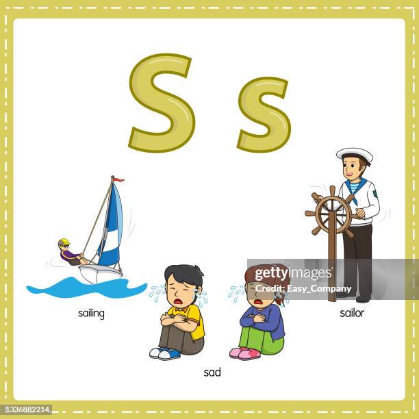vector illustration for learning the letter s in both lowercase and uppercase for children with 3 cartoon images. sailing sad sailor. - man crying stock illustrations