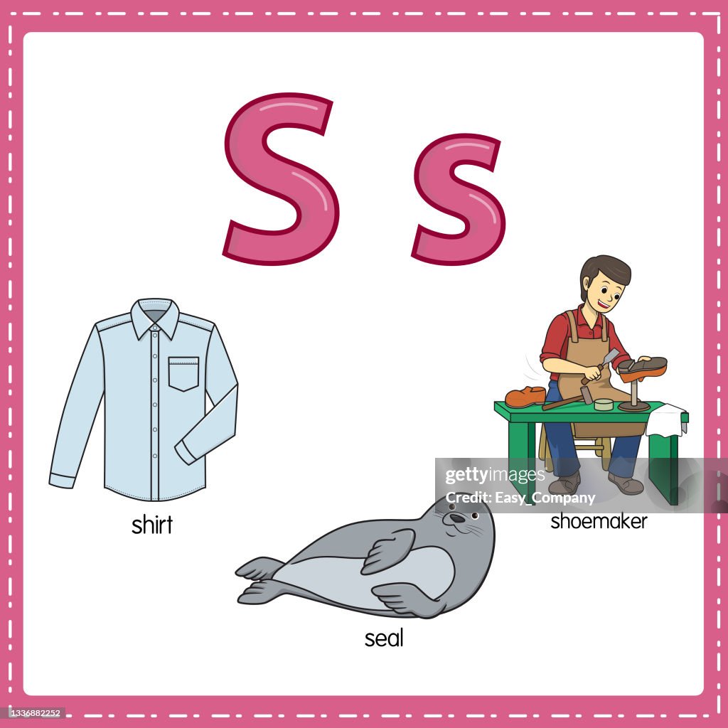 Vector illustration for learning the letter S in both lowercase and uppercase for children with 3 cartoon images. Shirt Seal Shoemaker.