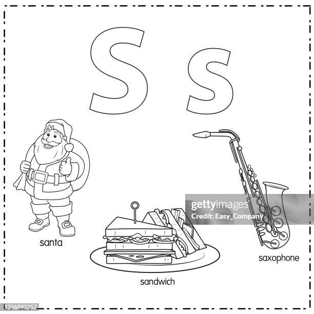 vector illustration for learning the letter s in both lowercase and uppercase for children with 3 cartoon images. santa sandwich saxophone. - elementary school theater stock illustrations