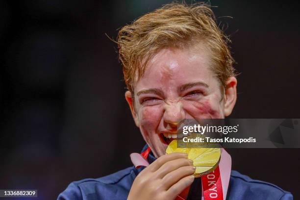 Beatrice Vio of Team Italy reacts to winning a gold medal against Zhou Jingling of Team Peoples Republic of China in the women's wheelchair fencing,...