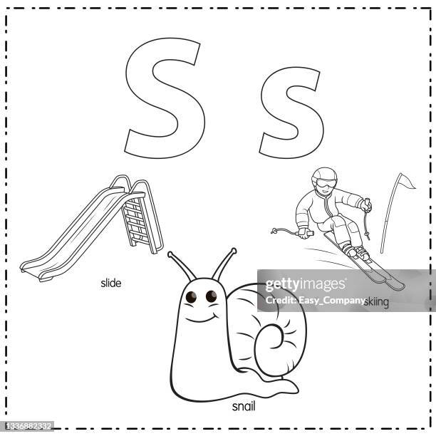 vector illustration for learning the letter s in both lowercase and uppercase for children with 3 cartoon images. slide snail skiing. - diving mask isolated stock illustrations