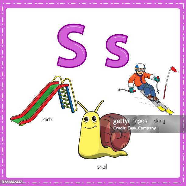 vector illustration for learning the letter s in both lowercase and uppercase for children with 3 cartoon images. slide snail skiing. - elementary school playground stock illustrations