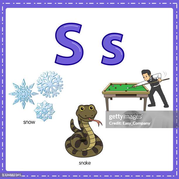 vector illustration for learning the letter s in both lowercase and uppercase for children with 3 cartoon images. snow snake snooker. - snooker stock illustrations