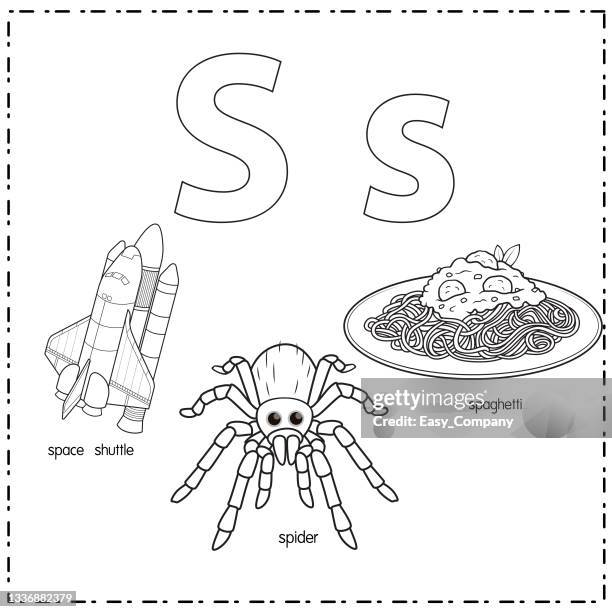 vector illustration for learning the letter s in both lowercase and uppercase for children with 3 cartoon images. space shuttle spider spaghetti. - garlic sauce stock illustrations