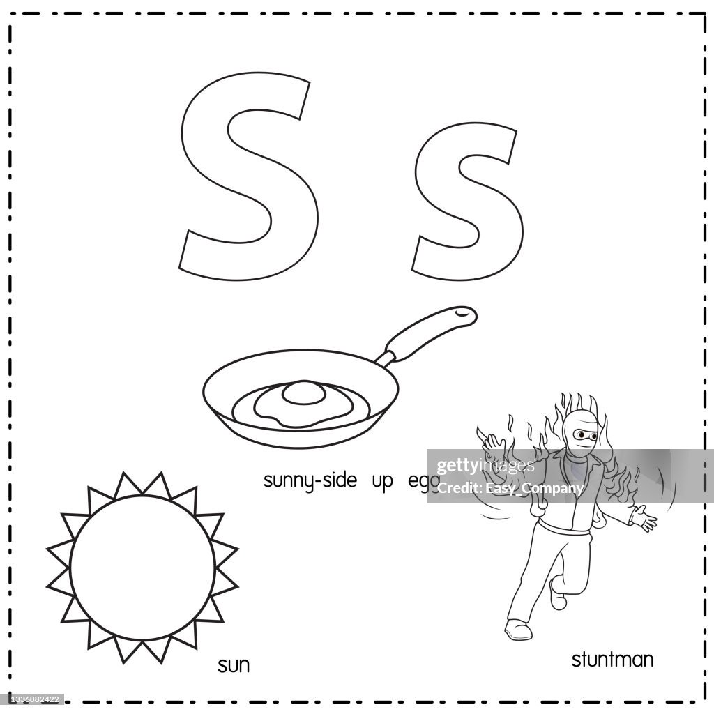 Vector illustration for learning the letter S in both lowercase and uppercase for children with 3 cartoon images. Sun Sunny-Side Up Egg Stuntman.