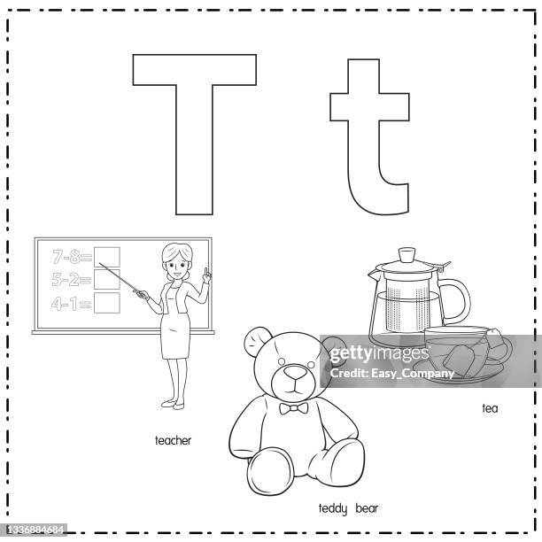 vector illustration for learning the letter t in both lowercase and uppercase for children with 3 cartoon images. teacher teddy bear tea . - school cafeteria worker stock illustrations