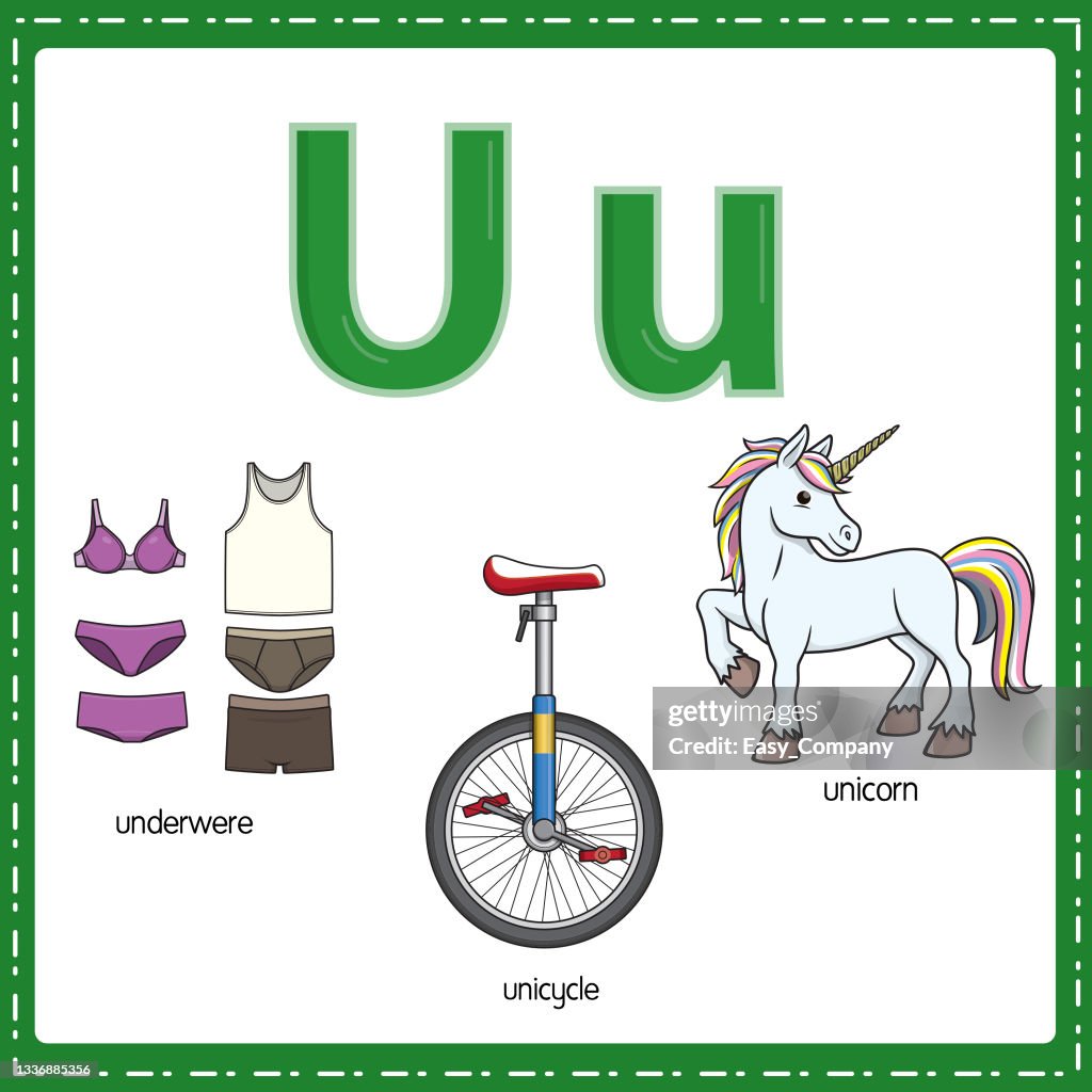 Vector Illustration For Learning The Letter U In Both Lowercase And  Uppercase For Children With 3 Cartoon Images Underwear Unicycle Unicorn  High-Res Vector Graphic - Getty Images