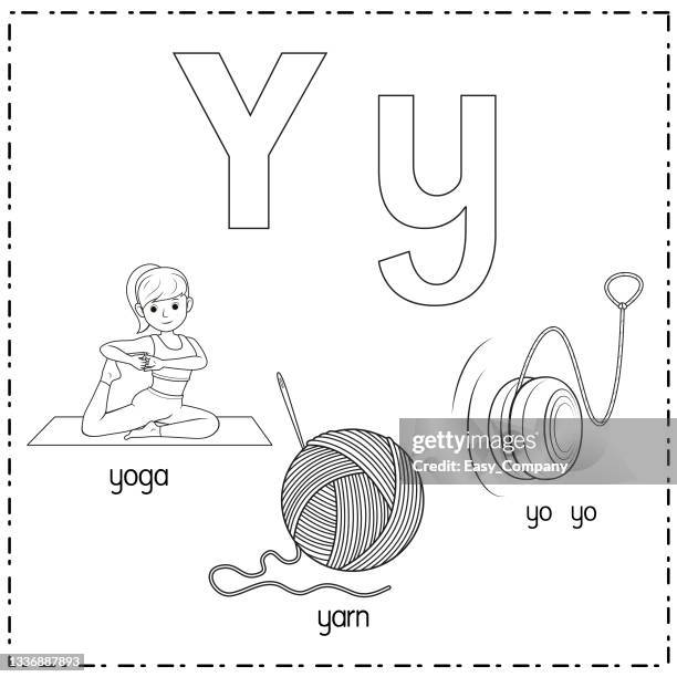 vector illustration for learning the letter y in both lowercase and uppercase for children with 3 cartoon images. yoga yarn yo yo. - first steps stock illustrations