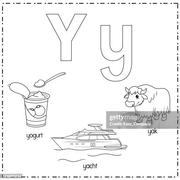 vector illustration for learning the letter y in both lowercase and uppercase for children with 3 cartoon images. yogurt yacht yak. - mousse stock illustrations