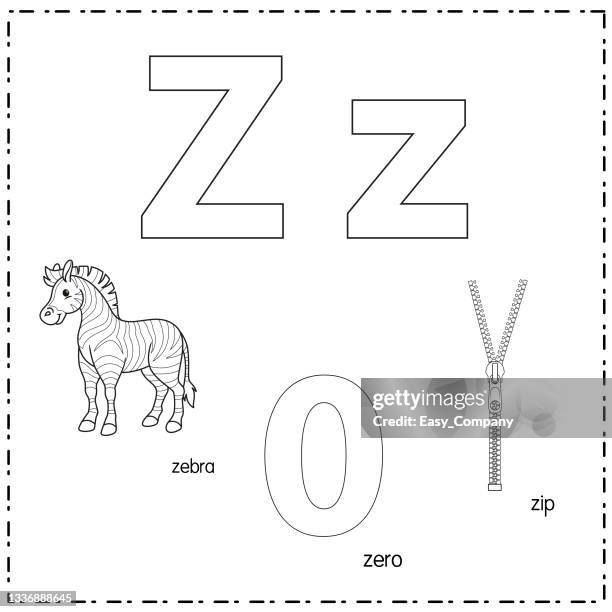 vector illustration for learning the letter z in both lowercase and uppercase for children with 3 cartoon images. zebra zero zip. - zip stock illustrations