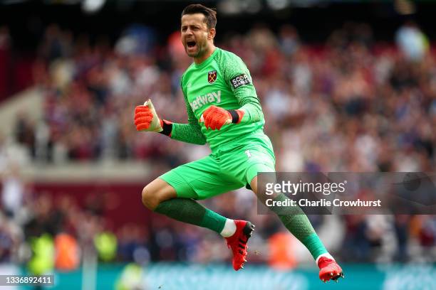 Lukasz Fabianski of West Ham United celebrates after his team's first goal, scored by Pablo Fornals of West Ham United during the Premier League...