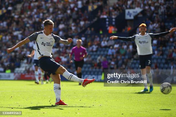 Emil Riis Jakobsen of Preston North End scores his side's second goal during the Sky Bet Championship match between Preston North End and Swansea...