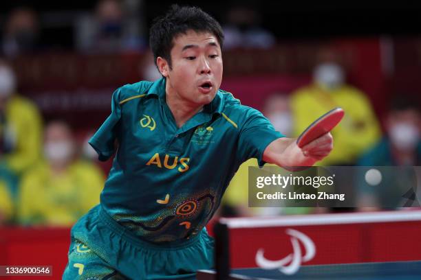Lin Ma of Team Australia competes against Laurens Devos of Team Belgium during the Table Tennis Men's Singles - Class 9 Gold Medal Match on day 4 of...