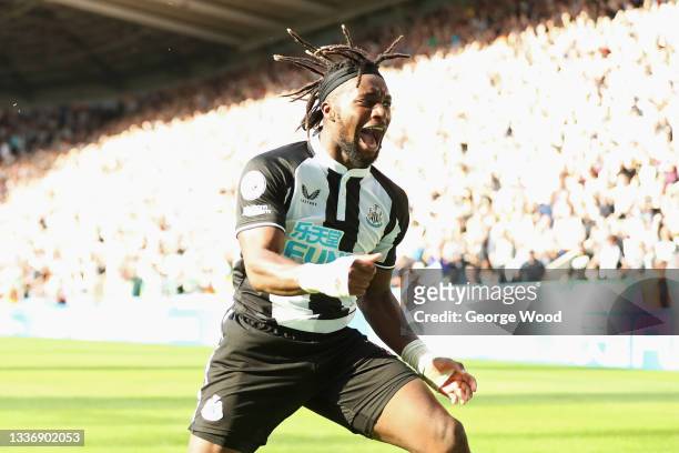 Allan Saint-Maximin of Newcastle United celebrates after scoring their sides second goal during the Premier League match between Newcastle United and...