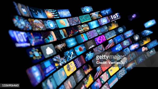 media concept multiple television screens - the media stock pictures, royalty-free photos & images