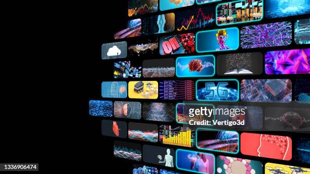 media concept multiple television screens - three dimensional tv stock pictures, royalty-free photos & images