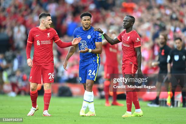 Reece James of Chelsea reacts after being sent off during the Premier League match between Liverpool and Chelsea at Anfield on August 28, 2021 in...