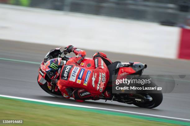 Francesco Bagnaia of Italy and Ducati Lenovo Team rounds the bend during the MotoGP of Great Britain - Qualifying at Silverstone Circuit on August...