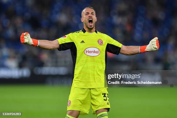 Florian Kastenmeier of Duesseldorf celebrates during the Second Bundesliga match between FC Schalke 04 and Fortuna Düsseldorf at Veltins Arena on...