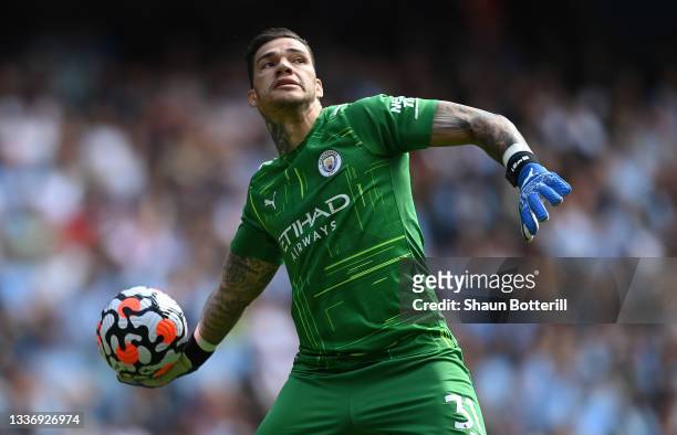 Manchester City goalkeeper Ederson throws the ball out during the Premier League match between Manchester City and Arsenal at Etihad Stadium on...