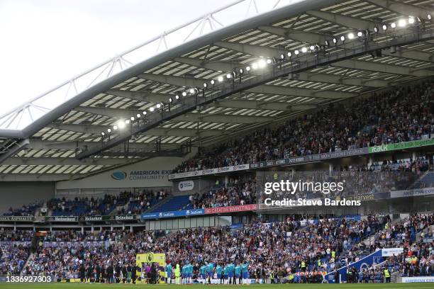 General view as the teams line up prior to kick off during the Premier League match between Brighton & Hove Albion and Everton at American Express...