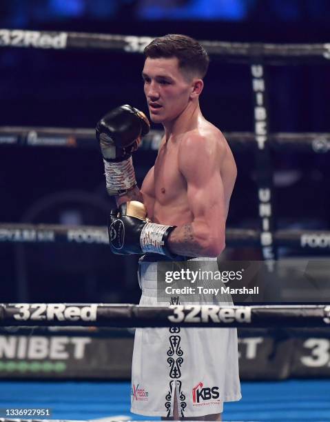 Liam Davies after winning his bout against Raymond Commey compete in an International Bantamweight contest during the Night of Champions show...