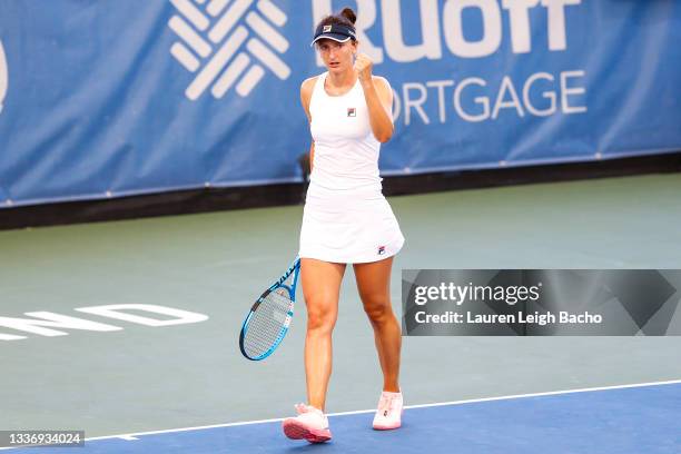 Irina-Camelia Begu of Romania celebrates during the first set of her finals match against Anett Kontaveit of Estonia on day 7 of the Cleveland...