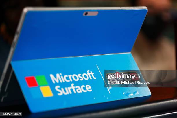 Detail view of a Microsoft Surface tablet during the BIG3 - Playoffs at Atlantis Paradise Island on August 28, 2021 in Nassau, Bahamas.
