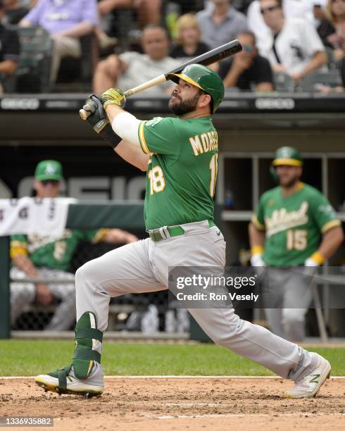 Mitch Moreland of the Oakland Athletics bats against the Chicago White Sox on August 19, 2021 at Guaranteed Rate Field in Chicago, Illinois.