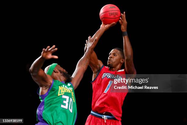 Joe Johnson of the Triplets attempts a shot while being guarded by Reggie Evans of the 3 Headed Monsters during the BIG3 - Playoffs at Atlantis...