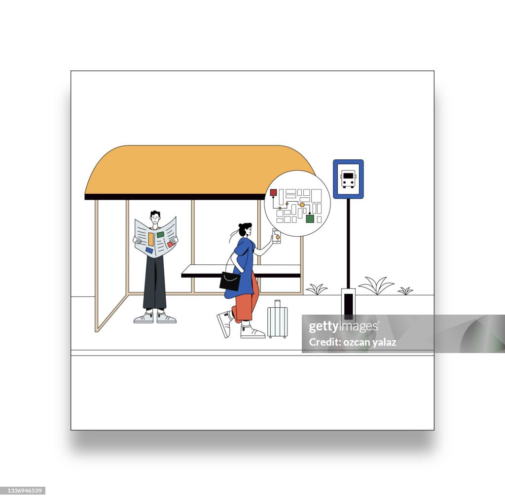 Modern flat design concept of bus tracking via app with.