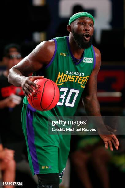 Reggie Evans of the 3 Headed Monsters dribbles the ball during the game against the Triplets during the BIG3 - Playoffs at Atlantis Paradise Island...