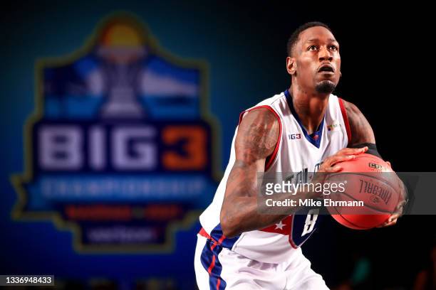 Larry Sanders of Tri-State attempts a free throw during the game against the Trilogy during the BIG3 - Playoffs at Atlantis Paradise Island on August...