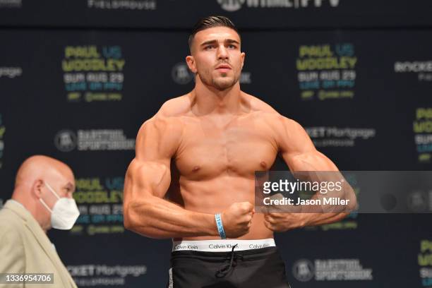 Tommy Fury poses during the weigh in event at the State Theater prior to his August 29 fight against Anthony Taylor on August 28, 2021 in Cleveland,...