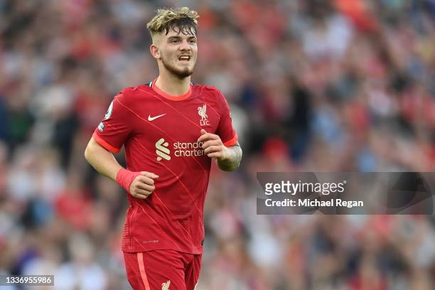 Harvey Elliott of Liverpool in action during the Premier League match between Liverpool and Chelsea at Anfield on August 28, 2021 in Liverpool,...