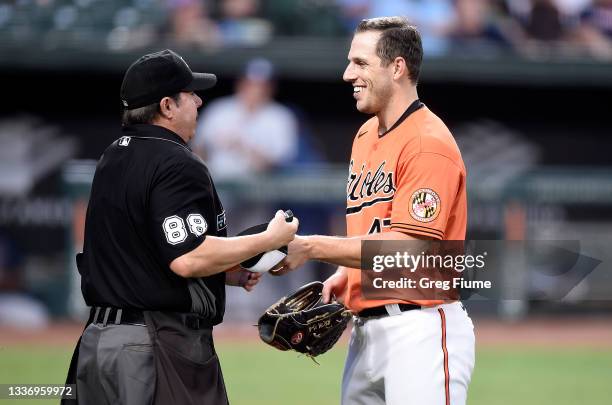 John Means of the Baltimore Orioles is checked by home plate umpire Doug Eddings in the first inning against the Tampa Bay Rays at Oriole Park at...