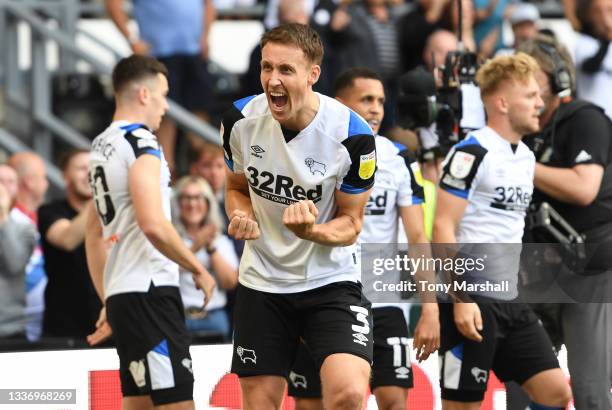 Craig Forsyth of Derby County celebrates their first goal during the Sky Bet Championship match between Derby County and Nottingham Forest at Pride...