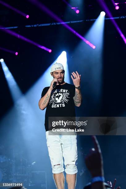 Brett Young performs on the GMC Sierra Stage during the Citadel Country Spirit USA concert at Ludwig's Corner on August 28, 2021 in Glenmoore,...