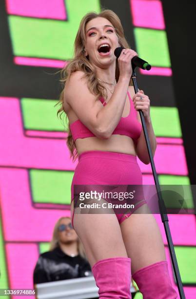Becky Hill performs on stage during Day 2 of the Reading Festival 2021 at Richfield Avenue on August 28, 2021 in Reading, England.