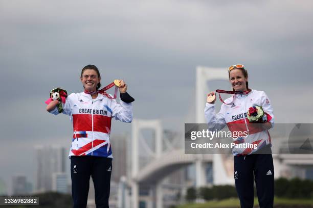 Gold medalist Lauren Steadman of Team Great Britain and bronze medalist Claire Cashmore of Team Great Britain react during the women's PTS5 Triathlon...