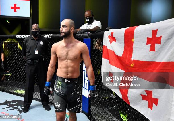 Giga Chikadze of Georgia prepares to fight Edson Barboza of Brazil in a featherweight fight during the UFC Fight Night event at UFC APEX on August...