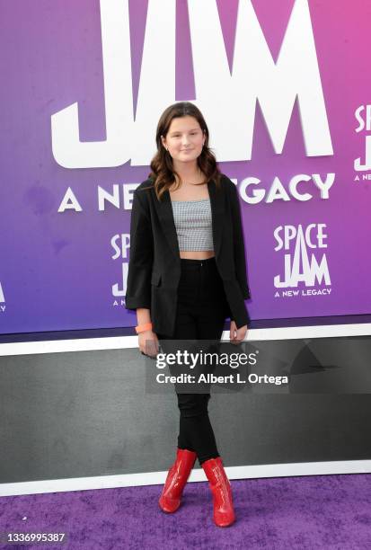 Hayley LeBlanc arrives for the Premiere Of Warner Bros "Space Jam: A New Legacy" held at Regal LA Live on July 12, 2021 in Los Angeles, California.