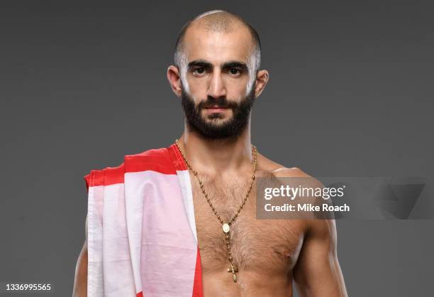 Giga Chikadze of Georgia poses for a portrait after his victory during the UFC Fight Night event at UFC APEX on August 28, 2021 in Las Vegas, Nevada.