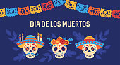 Day of the dead Dia de los Muertos holiday banner design with cute skull set. Childish print for greeting card, poster and party invitations