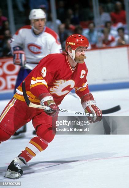 Lanny McDonald of the Calgary Flames skates on the ice during the 1989 Stanley Cup Finals against the Montreal Canadiens in May, 1989 at the Montreal...