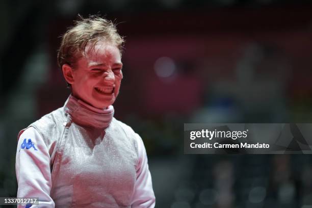 Beatrice Vio of Team Italy competes during the Women's Foil team semi-final on day 5 of the Tokyo 2020 Paralympic Games at Makuhari Messe on August...