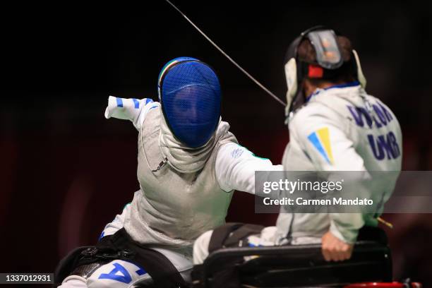 Beatrice Vio of Team Italy competes during the Women's Foil team Preliminary pool 1 on day 5 of the Tokyo 2020 Paralympic Games at Makuhari Messe on...