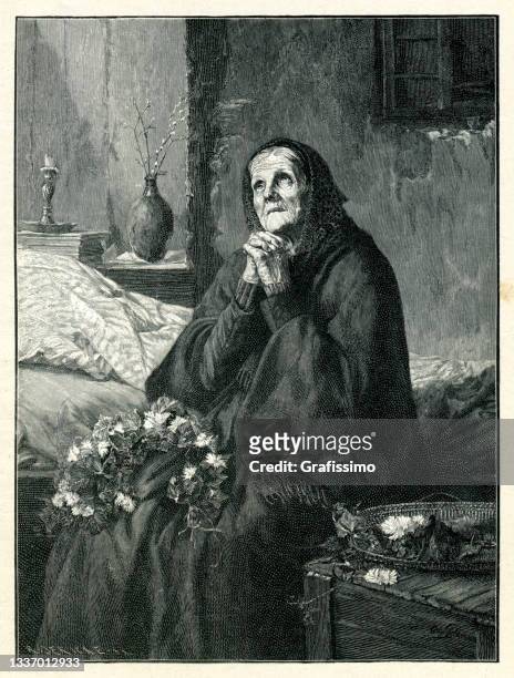 old woman praying for her dead husband - pleading stock illustrations